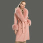 Women's Cashmere Wool Coat Spring Real Fox Fur Collar Woolen Trench Jacket Winter Adjustable Waist Slim Ladies Long Overcoat