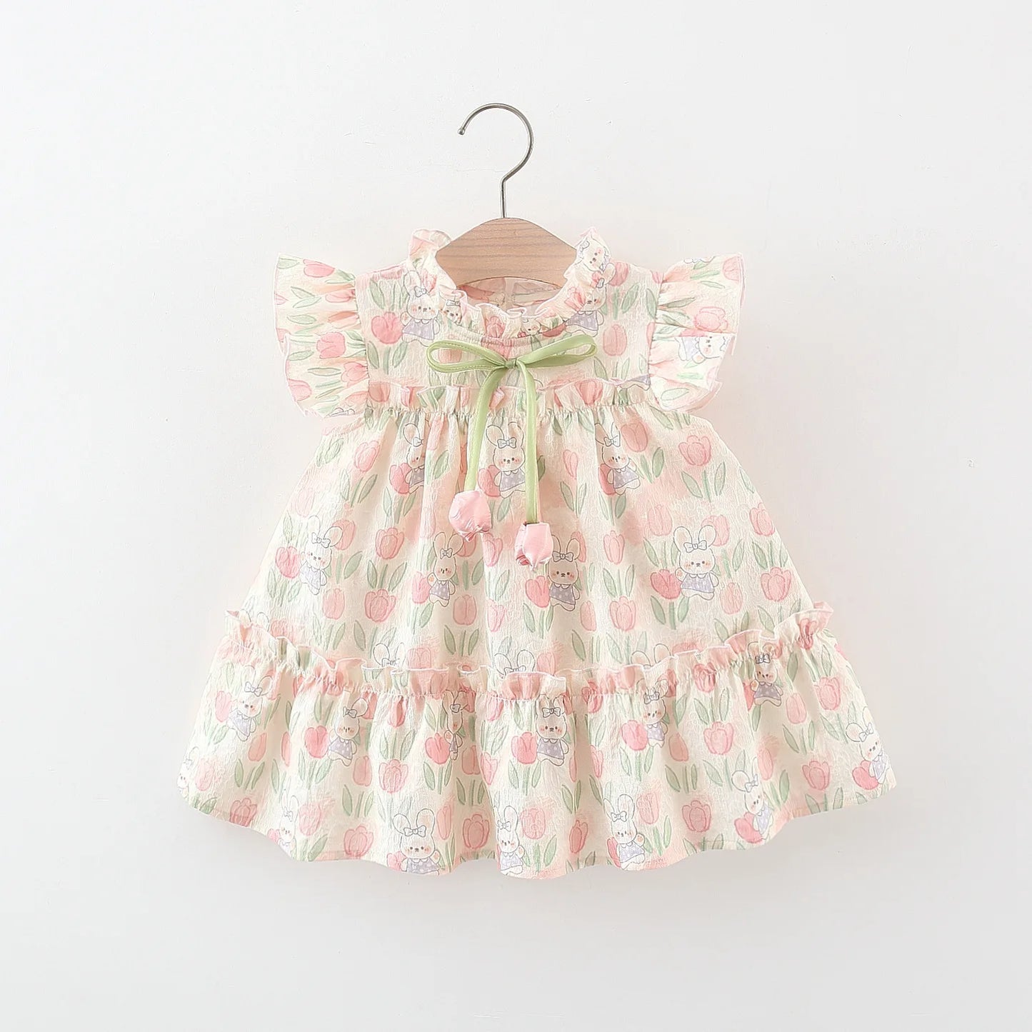 Summer Covered In Tulip Flowers Rabbit Little Flying Sleeve Dress For Kids Girl Cute Princess Dress For Baby Kids