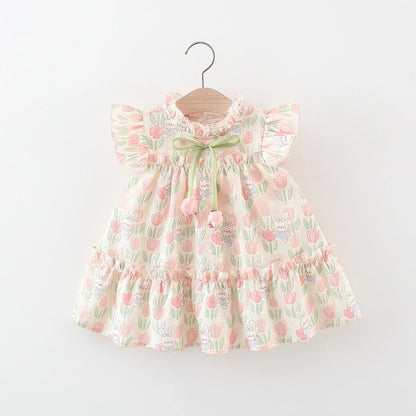 Summer Covered In Tulip Flowers Rabbit Little Flying Sleeve Dress For Kids Girl Cute Princess Dress For Baby Kids