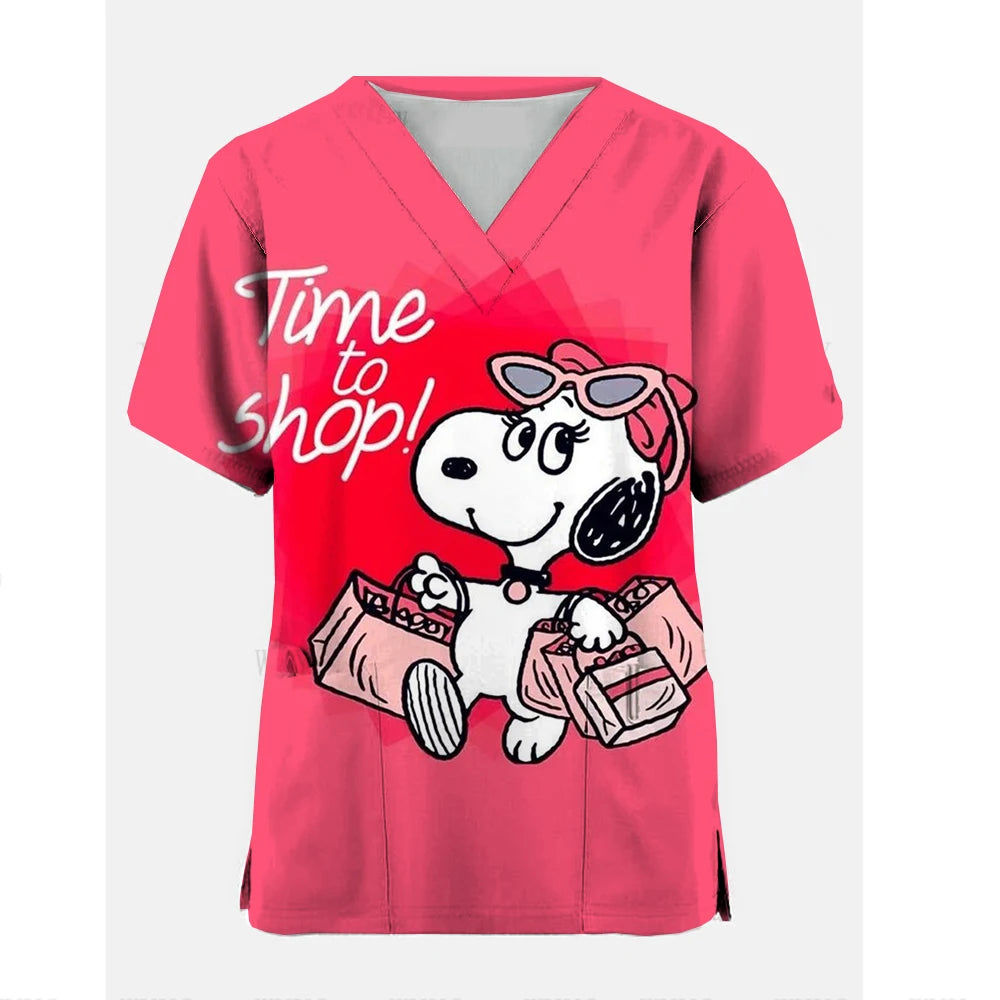 Medical Blouse Clinic Hospital Workwear Healthcare Nurse Snoopy print Uniform Carer Working Short Sleeve Tops Women T-shirt Nurs