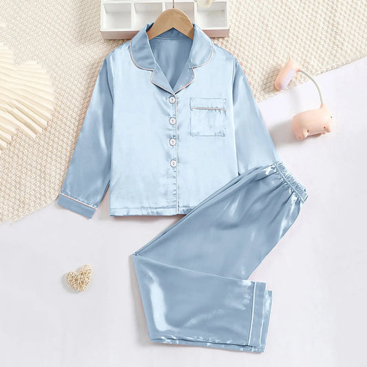 New Children Silk Satin Pyjamas Set Baby Sleepwear Pijama Solid color Pajamas Suit Boys Girls Sleep Set Autumn Kids Loungewear