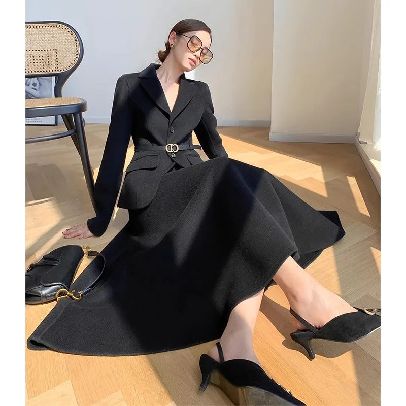 Insozkdg Cashmere Cotton Woolen Women Suit Jacket Skirt Set Temperament Elegant Office Lady Suit Blazer Long Skirt Two-piece Set