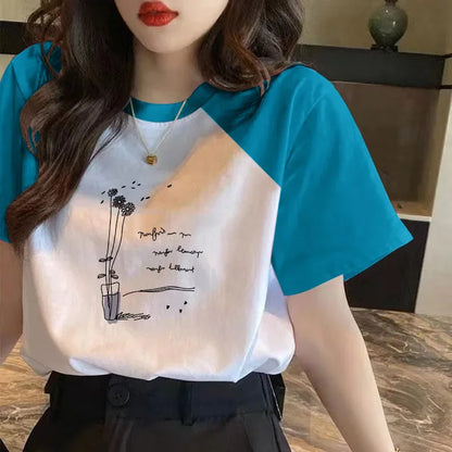 100% Cotton Color Block Short Sleeve T-shirt Women Spring/summer Loose Fit Versatile Top Trendy Women Clothing