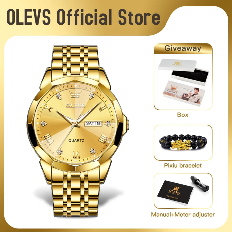 OLEVS Men‘s Watches Gold Original Quartz Wristwatch Waterproof Luminous Watch for Male Rhombus Mirror Date Week Luxury Dress