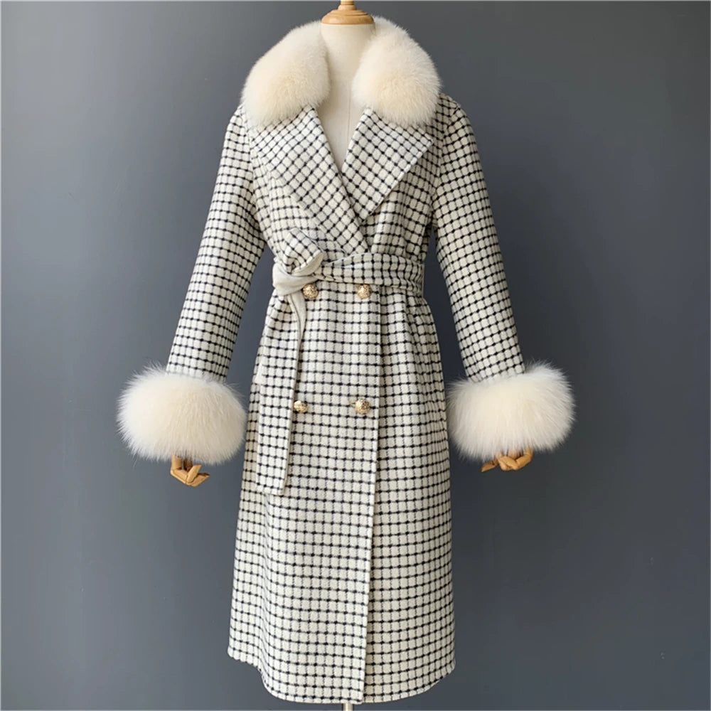 Women's Cashmere Wool Coat Spring Real Fox Fur Collar Woolen Trench Jacket Winter Adjustable Waist Slim Ladies Long Overcoat