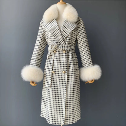 Women's Cashmere Wool Coat Spring Real Fox Fur Collar Woolen Trench Jacket Winter Adjustable Waist Slim Ladies Long Overcoat