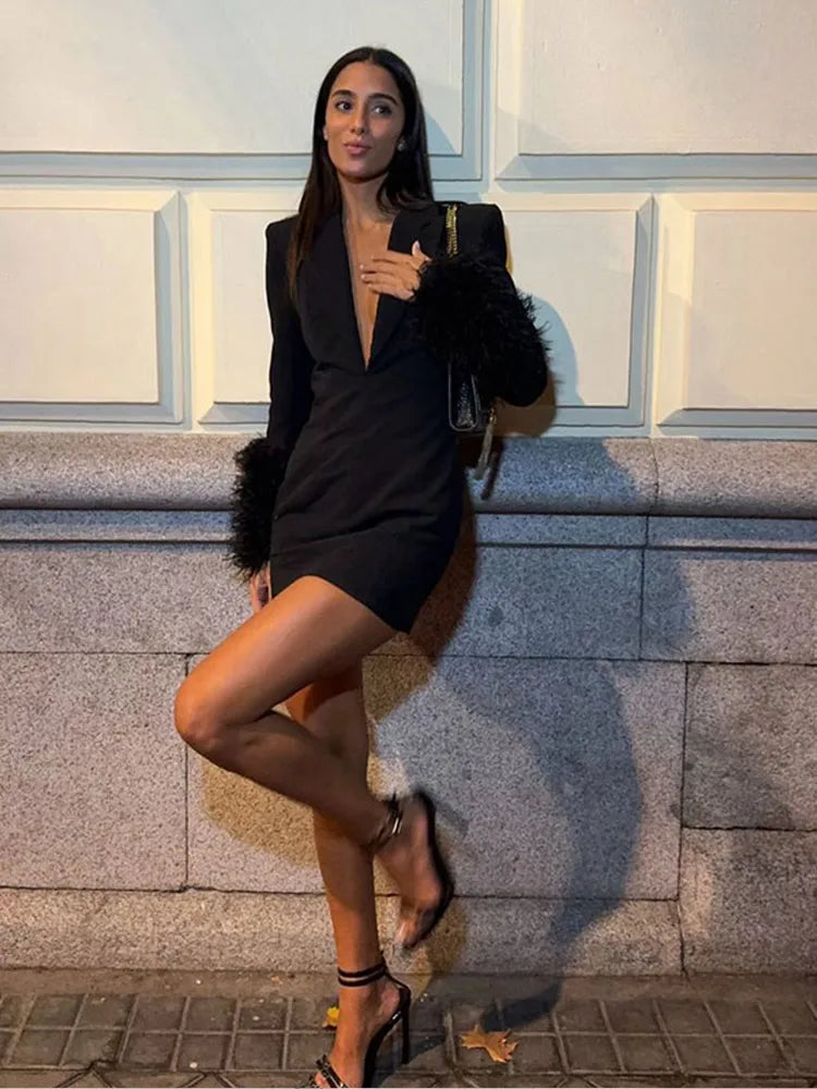 Elegant Black Deep V Neck Mini Dress For Women Fashion Faux Fur Spliced Long Sleeve Slim A-line Dresses New Party Robe