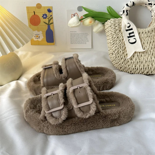 Med Shoes Womens Slippers Outdoor Slides Pantofle Flock Platform Fur Flip Flops 2025 Flat Plush Autumn Fabric Rome Shoes House