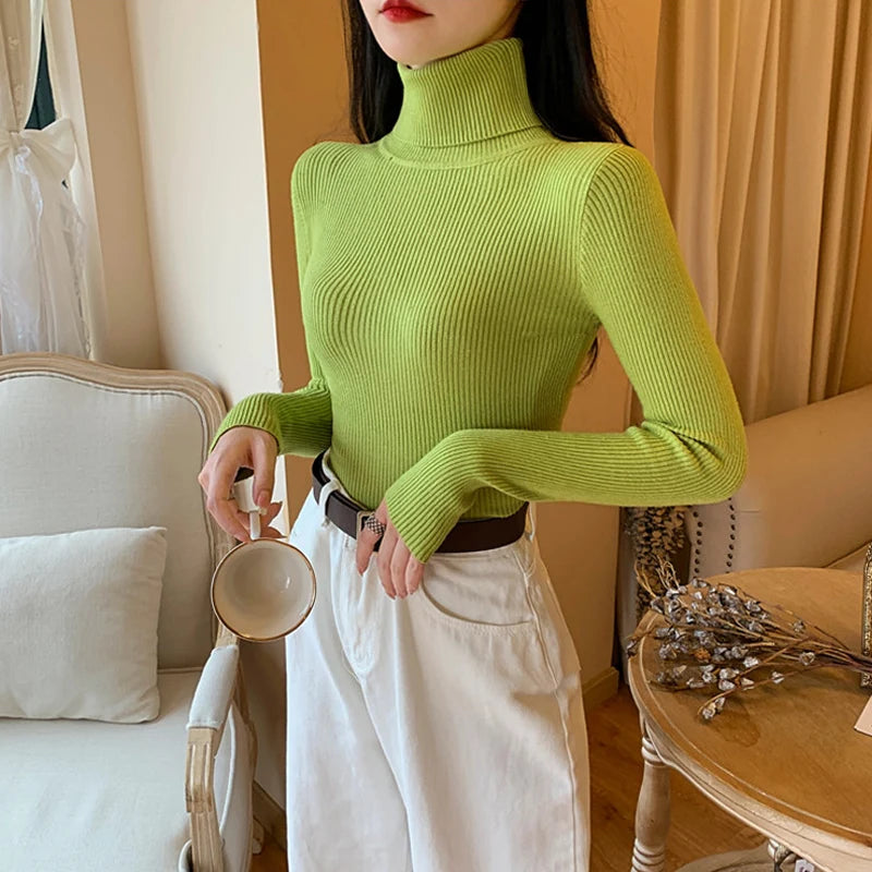 Autumn Winter Women Long Sleeve Knitted Foldover Turtleneck Ribbed Pull Sweater Soft Warm Femme Jumper Pullover Clothes