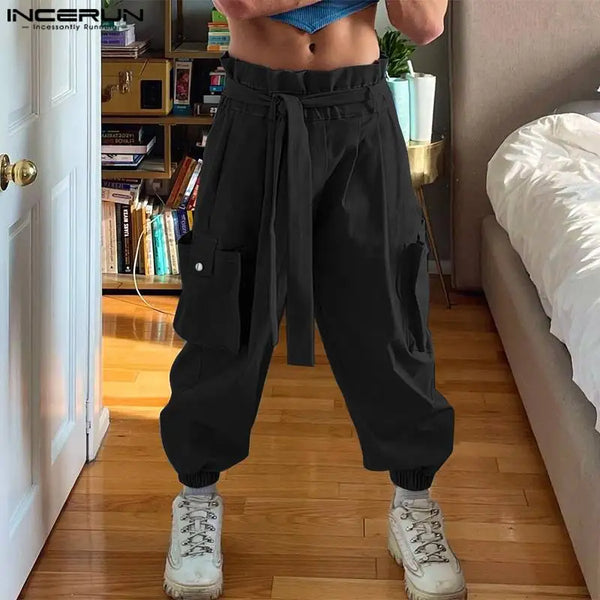 INCERUN Men Cargo Pants Solid Joggers Elastic Waist Trousers Men With Belt Streetwear Loose 2025 Fashion Casual Pantalon S-5XL