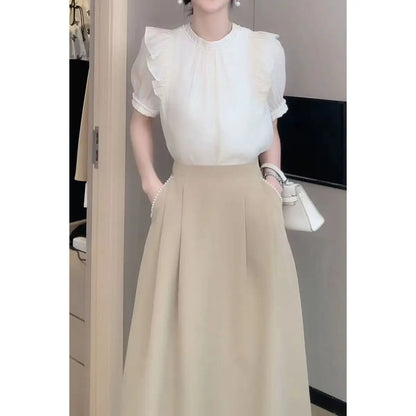 High-end Satin Gentleness Suit Women's Summer New French Stand-up Collar Panel Ruffle Top A-line Skirt Two-piece Set