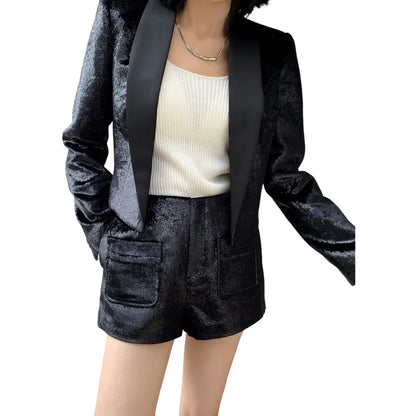 24 Glossy Black Fabric Black Suit Jacket Suitable for Small Commuter  two piece set women outfit  ensembles shorts roupas