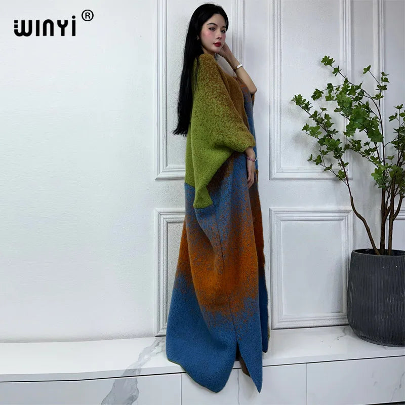 WINYI winter outfits for women Luxury Fur Neutral coat Thick comfortable Warm Gradual print coat poncho long down party dress