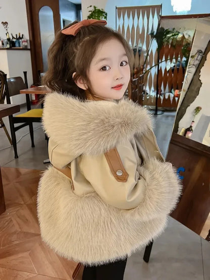 Jacket Kids Girls' Clothes Coat  Baby  Fashionable Fleece-Lined Leather Coat Little Party Coats ﻿New Girl Autumn and Winter Fur