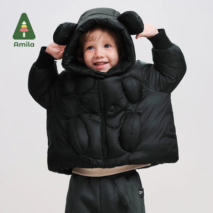 Amila Baby Down Jacket 2025 Winter New Style Boys And Girls Solid Color Bear Hooded Basic Warm Loose Casual Children’s Jacket