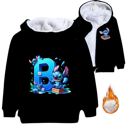 Kid Baby Boy Girl Coat Autumn Winter Long Sleeve Plush Hoodies Cartoon Stitch Print Children Sweatshirt Clothes Thick Top Outfit