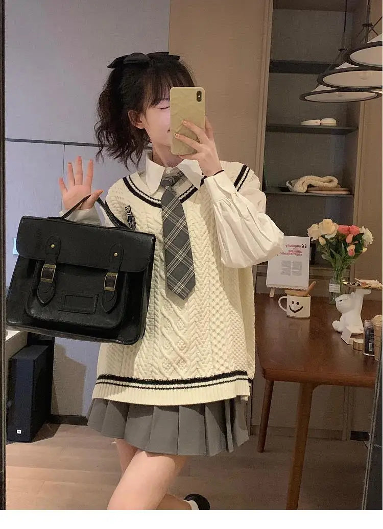 Japanese Cute School Uniform Women Korean Winter Knitting Sweater Skirt Sets V-neck Long Sleeve Jk Uniform School Girl Cosplay