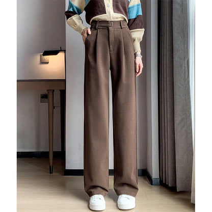 MEXZT Winter Wool Wide Leg Pants Women Streetwear High Waist Suit Straight Pants Korean Thick Black Baggy Woolen Full Trousers