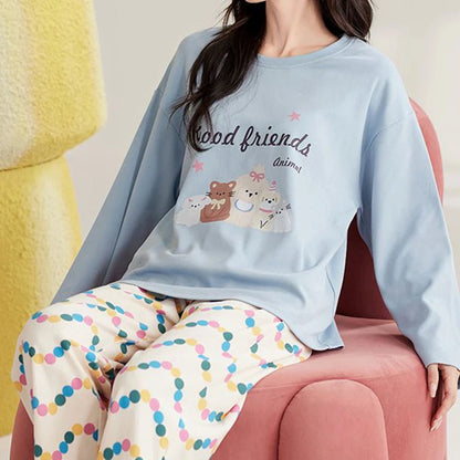 SUKAE Pink Puppy Printing Women Sleepwear Korean New Pajamas Set O-neck Long Sleeve Pijamas Autumn Spring Faux Cotton Nightwear