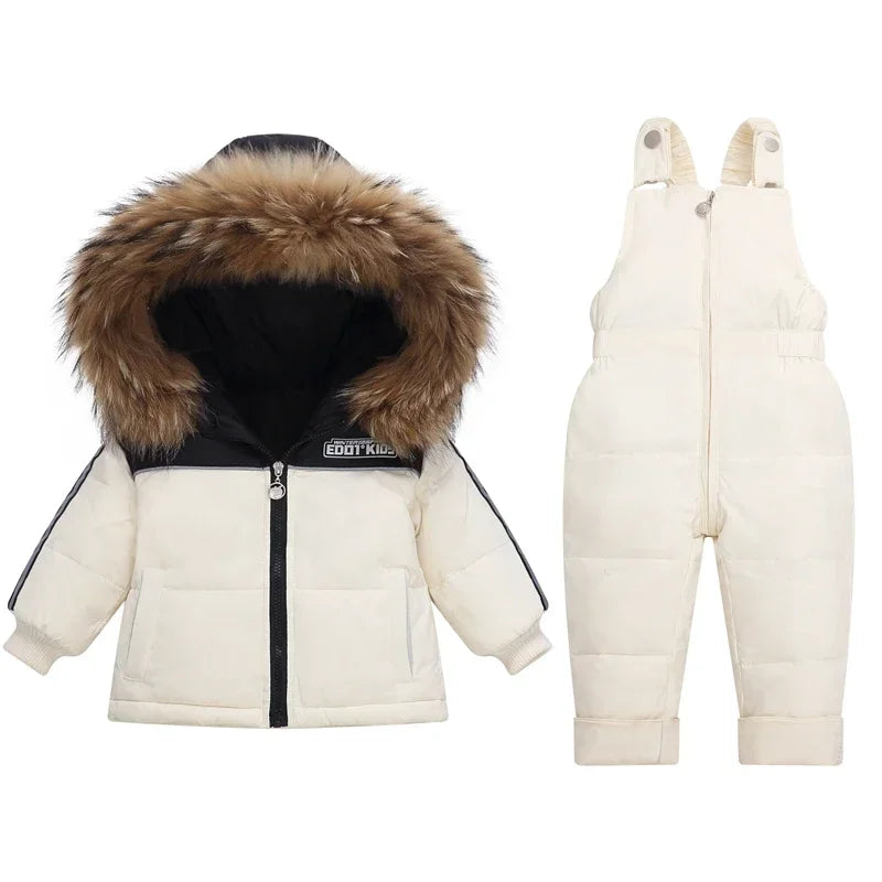 -30 Degree Down Jacket Jumpsuit Winter Overall for Children Clothes Set Baby Boy Parka Real Fur Girl Toddler Thick Warm Snowsuit