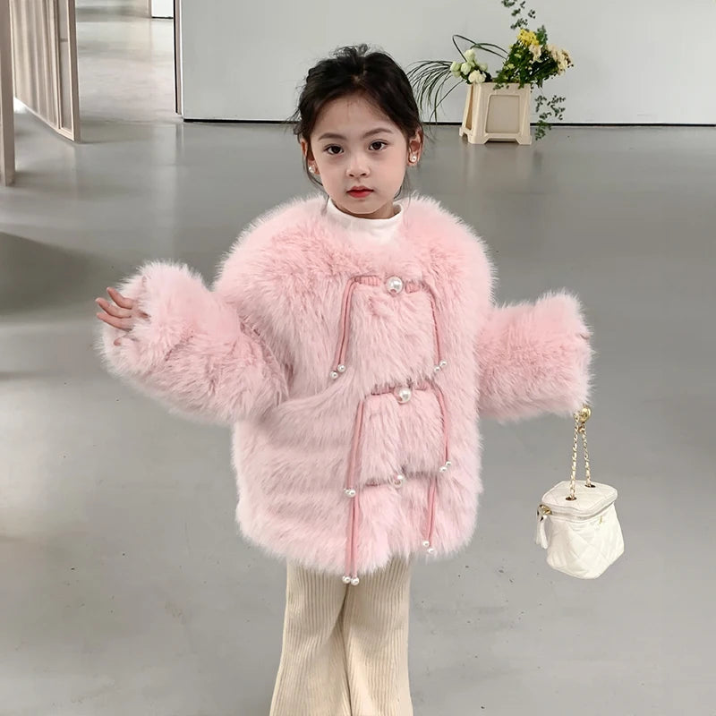 Little Girl Pink Faux Fur Jacket Coat Warm Winter Autumn Thick Fleece Outwear Fashion Kids Plush Outerwear Toddler Child Clothes