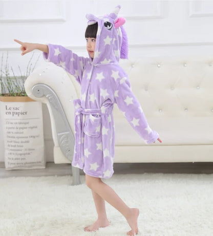 3-12Years Winter Autumn Children's Sleepwear Unicorn Cartoon Bath Robe for Adult Boys Girls Pijamas Hooded Kids Bathrobes