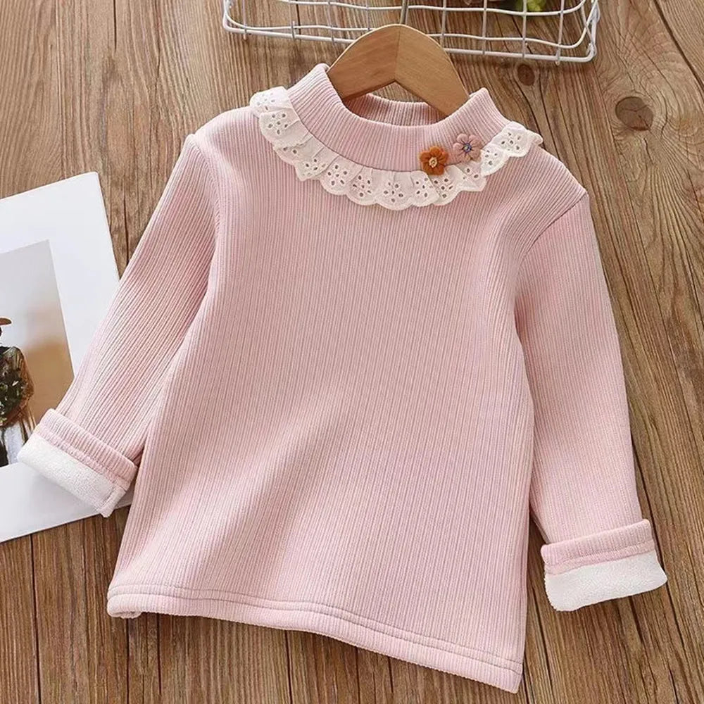 Girls Underlay 2025 New Winter Children's Half High Collar Girl Baby Foreigner Cute Plush Thickened Top Girls' T-shirt Kids