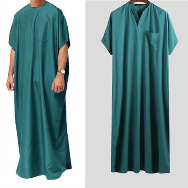 Islamic Arabic Kaftan for Men Vintage Solid Short Sleeve Loose Retro Robe Abaya Dubai Middle East Muslim Dress Men's Clothing