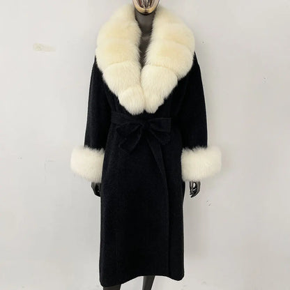 Wool Coat Women New Autumn Winter Real Fox Fur Jacket Female Long Warm Natural Fox Fur Collar Fur Cuffs