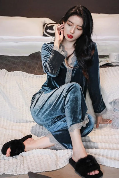 Womens Velvet Pajamas Set Long Sleeve Button Up Sleepwear Soft 2 Piece Loungewear Pj Set Lace Ruffles Autumn Winter Spring