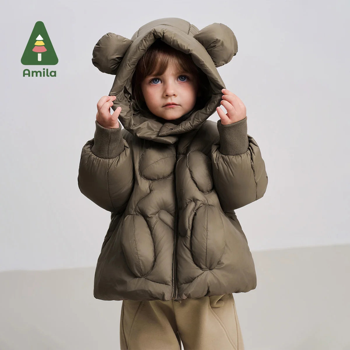 Amila Baby Down Jacket 2025 Winter New Style Boys And Girls Solid Color Bear Hooded Basic Warm Loose Casual Children’s Jacket