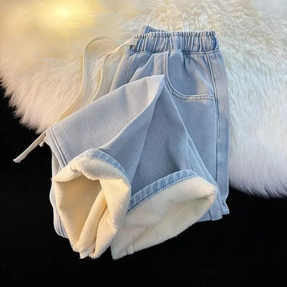 Thicken Velvet Lined Casual Wide Leg Jean  Warm Fashion High Waist Cowboy New Vaqueros Winter Basic Snow Wear Women Denim Pants