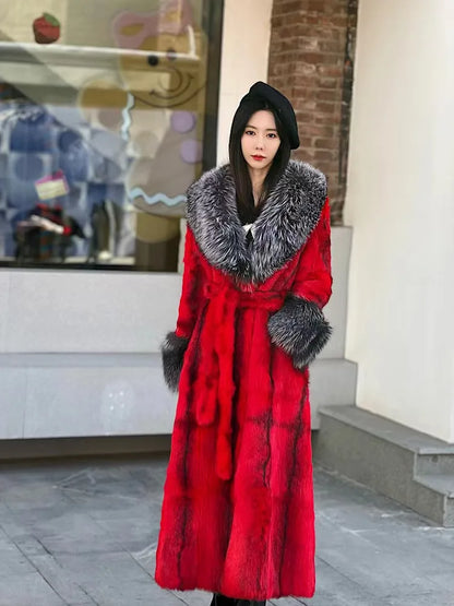 Luxury Real genuine natural rabbit fur coat with fox fur collar fox fur cuff women's fashion