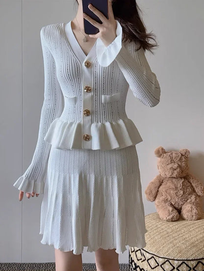 Pure White Temperament Dress Hollow Fake Two-piece Knitted Mini Dresses