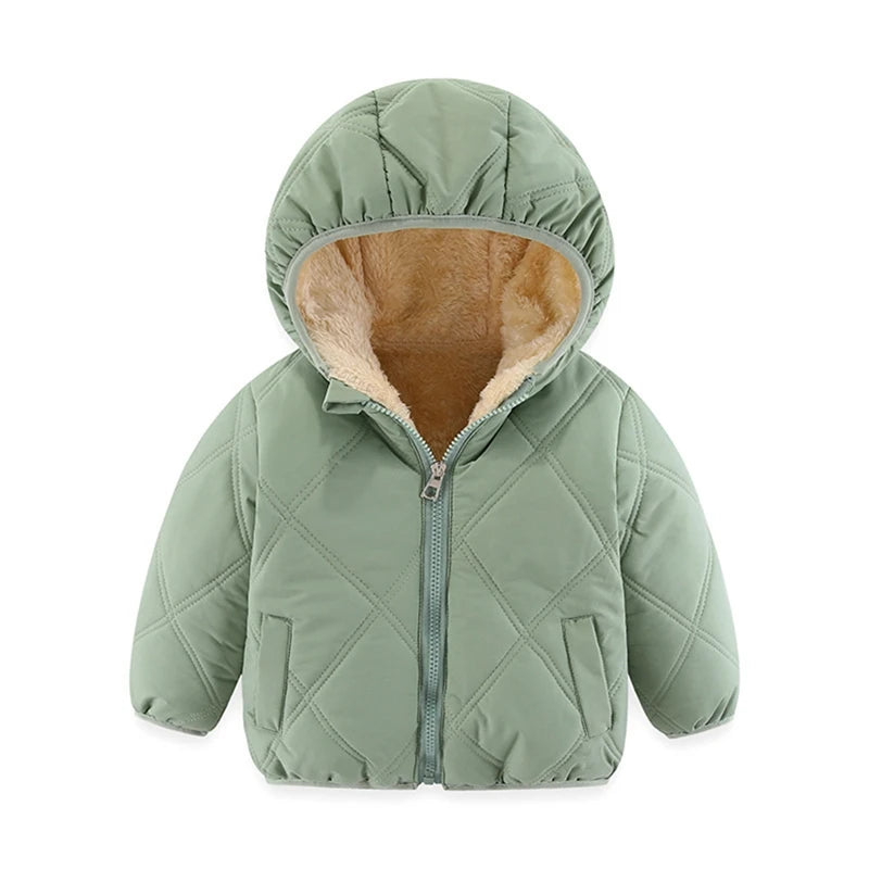 Baby Children Coats Winter Thick Jackets Girls Boys Solid Color Warm Plush Thicken Outerwear Hooded Jacket Cardigan Kids Clothes