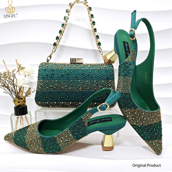 QSGFC Women Heel Party Ladies Italian Design Green Shoes And Bag Set Decorated with Rhinestone Handbag Wedding Party