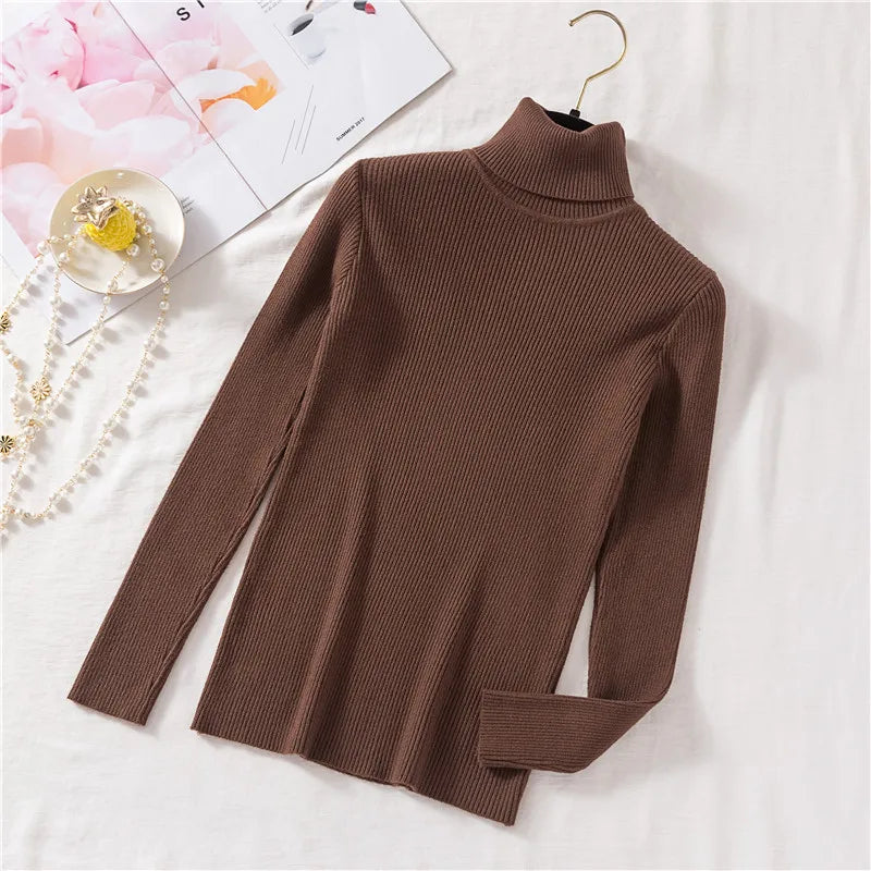 Autumn Winter Women Long Sleeve Knitted Foldover Turtleneck Ribbed Pull Sweater Soft Warm Femme Jumper Pullover Clothes