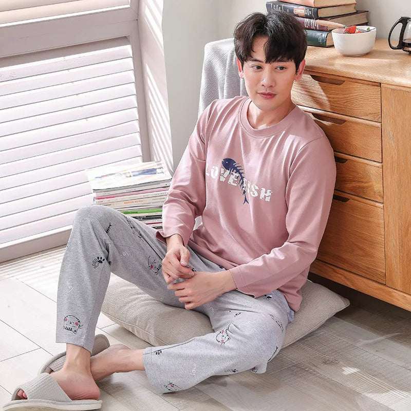 Stripe 100% Cotton Pajamas Sets Men Long Sleeve Pijama Set for Male S-XXXLSize Sleep Clothing Nightie Sleepwear Man Pyjamas Suit