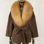 New Belt Pocket Winter Jacket Natural Real Raccoon Fox Fur Blends Wool Coat Women Loose Outerwear Casual Streetwear