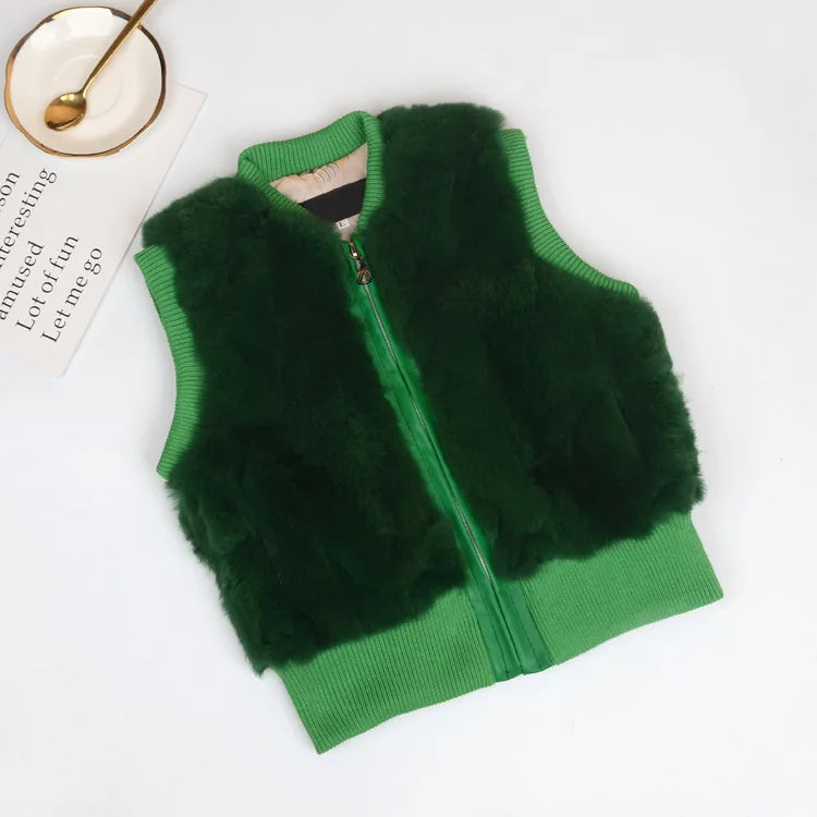 Autumn Winter Fur Vest Ladies Fur Coat Woman Vest Children Short Rex Rabbit Fur Womens Tops And Blouses Boys Girls Parent-child