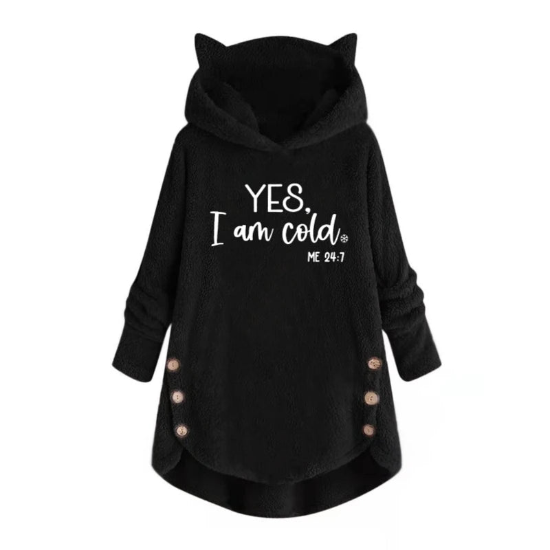 Autumn and Winter Plush Letter Cartoon Print Cat Ears Long-Sleeved Pullover Hooded Loose Casual Street Sweatshirt Women's Warm Top