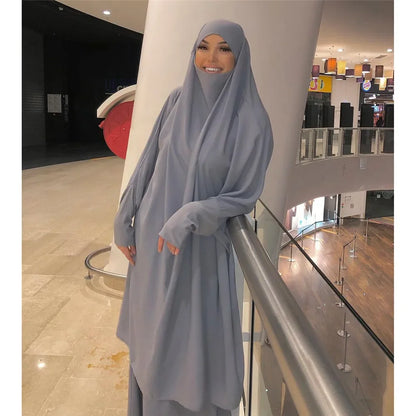 Muslim Sets Two Pieces Eid Hooded Long Sleeve Hijab Prayer Clothing Maxi Skirts Elastic Waist Women Dresses Abaya Ramadan Robes