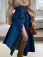 Vintage Blue Single-Breasted Jeans Skirts Trendy Fashion Pocket High Waist A-Line Skirt Female Long Maxi Denim Skirts Brand New