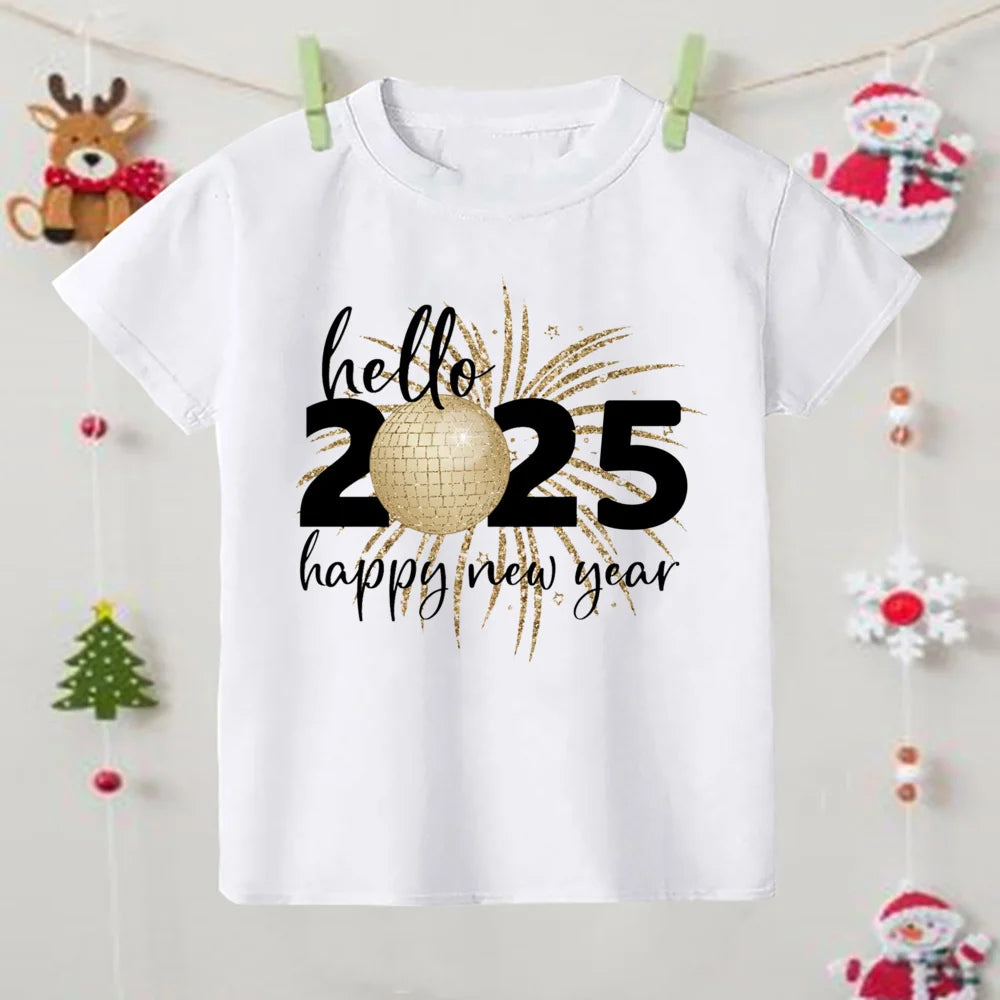 Hello 2025 Happy New Year Print Child T-shirt Boys Girls Outfits Clothes Winter Holiday Party Kids T Shirt Short Sleeve Tops Tee