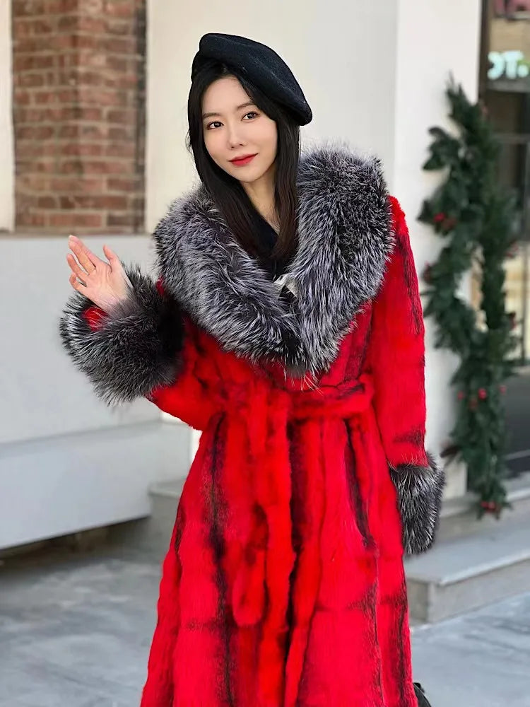 Luxury Real genuine natural rabbit fur coat with fox fur collar fox fur cuff women's fashion