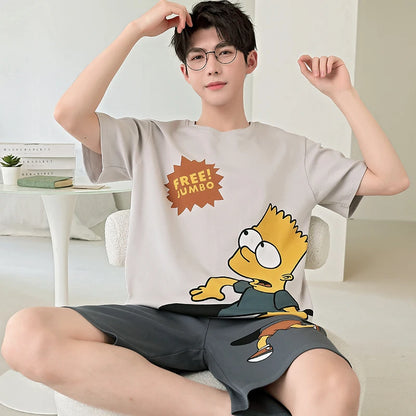 2025 Summer Men’s Sleepwear Cotton Cartoon Pajamas Sets For Man Short Loungewear Young Home Wear Fasion Student Pyjama Set Homme