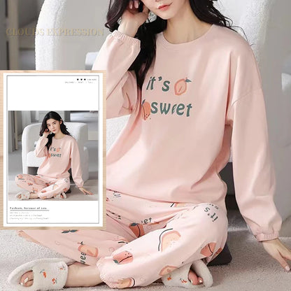 Spring Autumn Size 5XL Women Polyester Pajamas Dots Sleepwear Long-sleeved Homewear Sets Womens Cartoon Nightwear Casual Pijamas