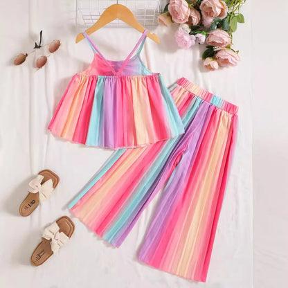 Summer Girl Clothes Set Baby Girl Shirt Chiffon and Pants Rainbow Suits Toddler Girls Clothing Children Kids Outfit Boutique