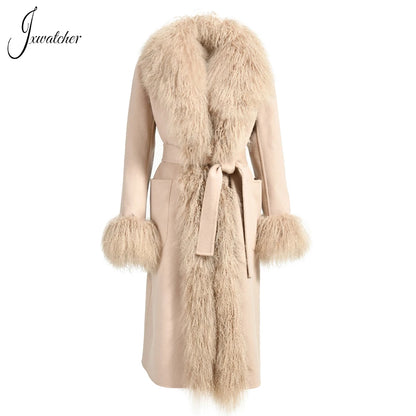 Women Mongolian Sheep Fur Coat Long Style Cashmere Jacket With Real Fur Trim Lady Autumn Winter Fashion Warm Outerwear