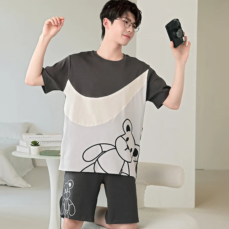 2025 Summer Men’s Sleepwear Cotton Cartoon Pajamas Sets For Man Short Loungewear Young Home Wear Fasion Student Pyjama Set Homme